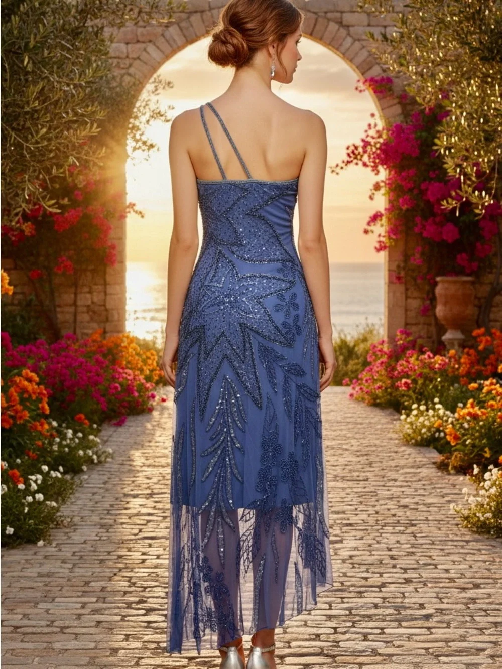 One-Shoulder‎ hand Beaded Dress in periwinkle Blue high low hem stretch fabric